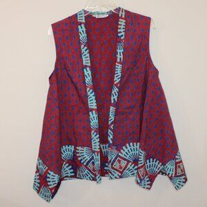 Batik Keris open front sleeveless vest Large 100% cotton wax process blues red
